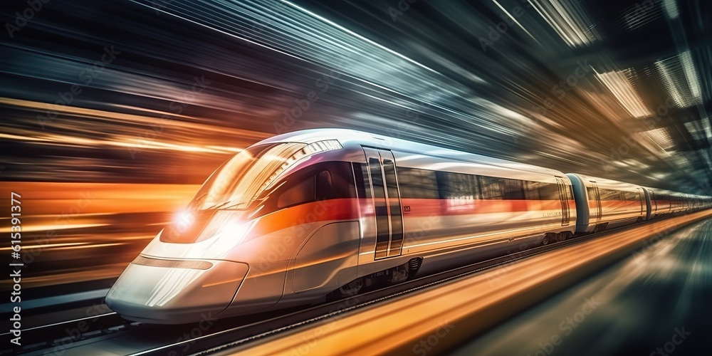 AI Generated. AI Generative. High speed train move motion on railway locomotive passenger. Adventure business vibe. Graphic Art AI Generated. AI Generative. High speed train move motion on railway locomotive passenger. Adventure business vibe. Graphic Art