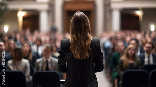 rear view of businesswomen speaking in front of audience in conference hall created with Generative AI © kimly