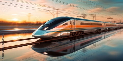 AI Generated. AI Generative. High speed train move motion on railway locomotive passenger. Adventure business vibe. Graphic Art