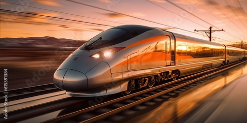 AI Generated. AI Generative. High speed train move motion on railway locomotive passenger. Adventure business vibe. Graphic Art © Graphic Warrior