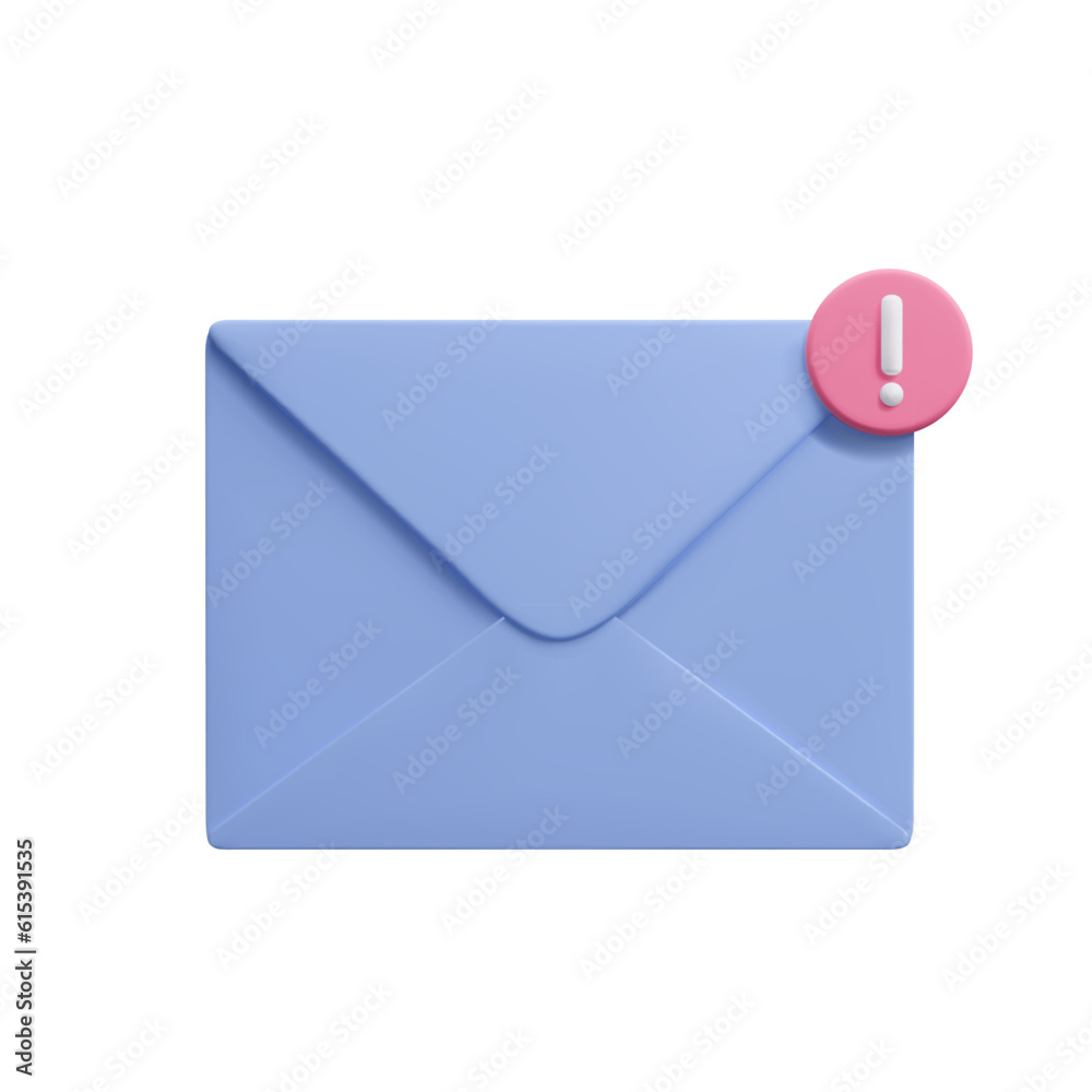 3D mail envelope new message notification design element isolated on white. Cute cartoon style purple mail envelope with exclamation point marker note sign. 3D mail envelope new message notification design element isolated on white. Cute cartoon style purple mail envelope with exclamation point marker note sign.