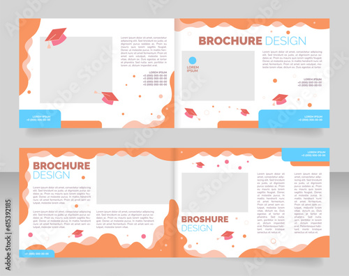University and college promotional bifold brochure template design. Half fold booklet mockup set with copy space for text. Editable 2 paper page leaflets. Nunito Regular, Raleway Black fonts used