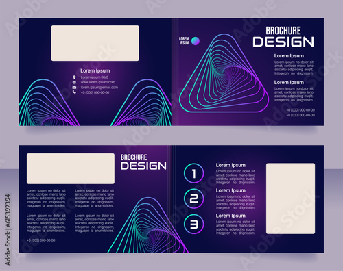 Futuristic technology exhibition bifold brochure template design. Half fold booklet mockup set with copy space for text. Editable 2 paper page leaflets. Roboto Light, Bebas Neue, Audiowide fonts used