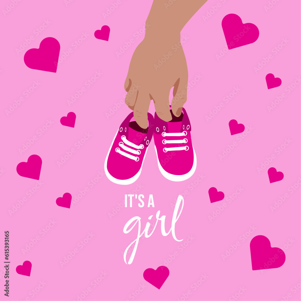 pink slippers in hand on a background with hearts in honor of a girl's birth