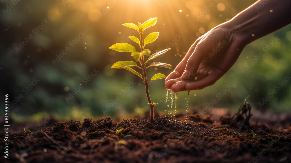 Fototapeta premium Two hands watering a young green plant under a gentle morning light. Ecology and environment friendly concept.