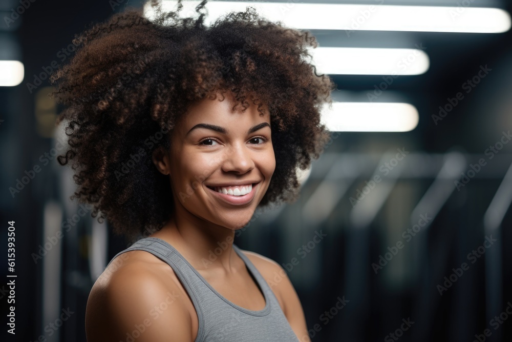 fitness, smile and portrait of a black woman with an arched back in a ...
