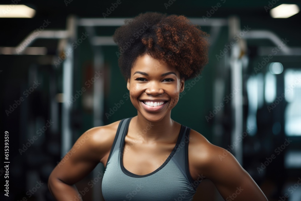 fitness, smile and portrait of a black woman with an arched back in a ...