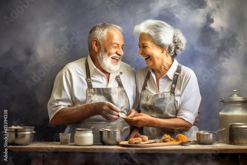 Happy senior couple cooking in the kitchen, being happy and enjoying the moment