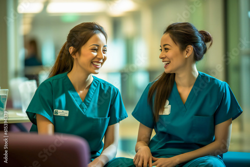 Two nurses chatting and laughing in a hall of the hospital