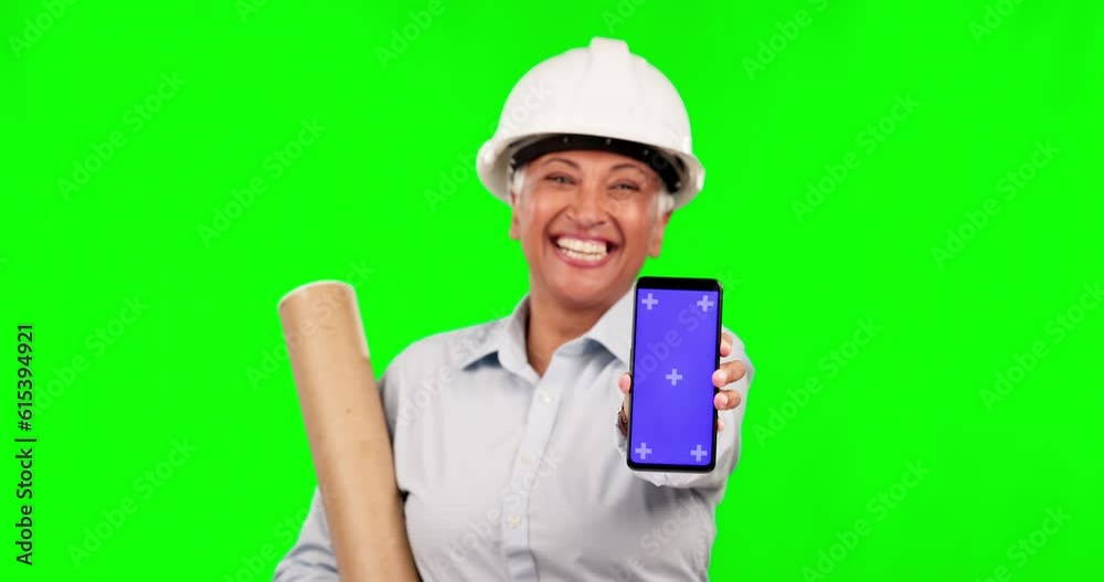 Green screen, phone or senior happy woman with architect promo, engineering mockup logo or architecture design. Chroma key portrait, cellphone tracking markers or female engineer on studio background Green screen, phone or senior happy woman with architect promo, engineering mockup logo or architecture design. Chroma key portrait, cellphone tracking markers or female engineer on studio background