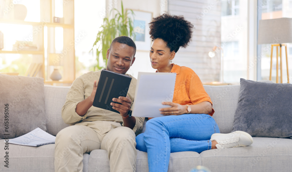 Fototapeta premium Tablet,documents, smile and couple on sofa in home living room, bonding and online shopping. Interracial, technology and happy black man and woman relax on social media, internet browsing or web scro