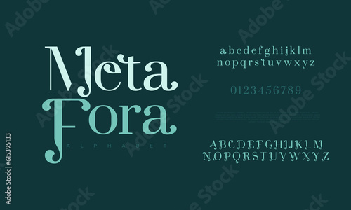 Metafora premium luxury elegant alphabet letters and numbers. Elegant wedding typography classic serif font decorative vintage retro. Creative vector illustration