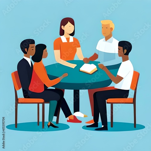 A group of diverse individuals sitting in a circle having a meeting. (AI-generated fictional illustration) 