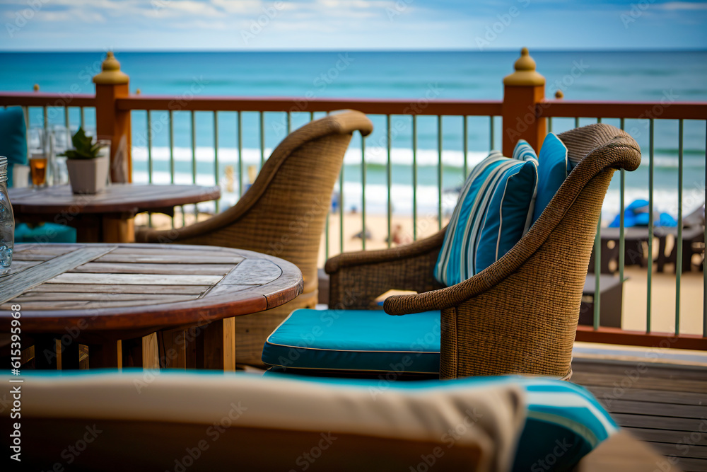 Seaside Serenity: Enjoy the Coastal Charm and Exquisite Dining at our Beachfront Terrace, ai generative Seaside Serenity: Enjoy the Coastal Charm and Exquisite Dining at our Beachfront Terrace, ai generative