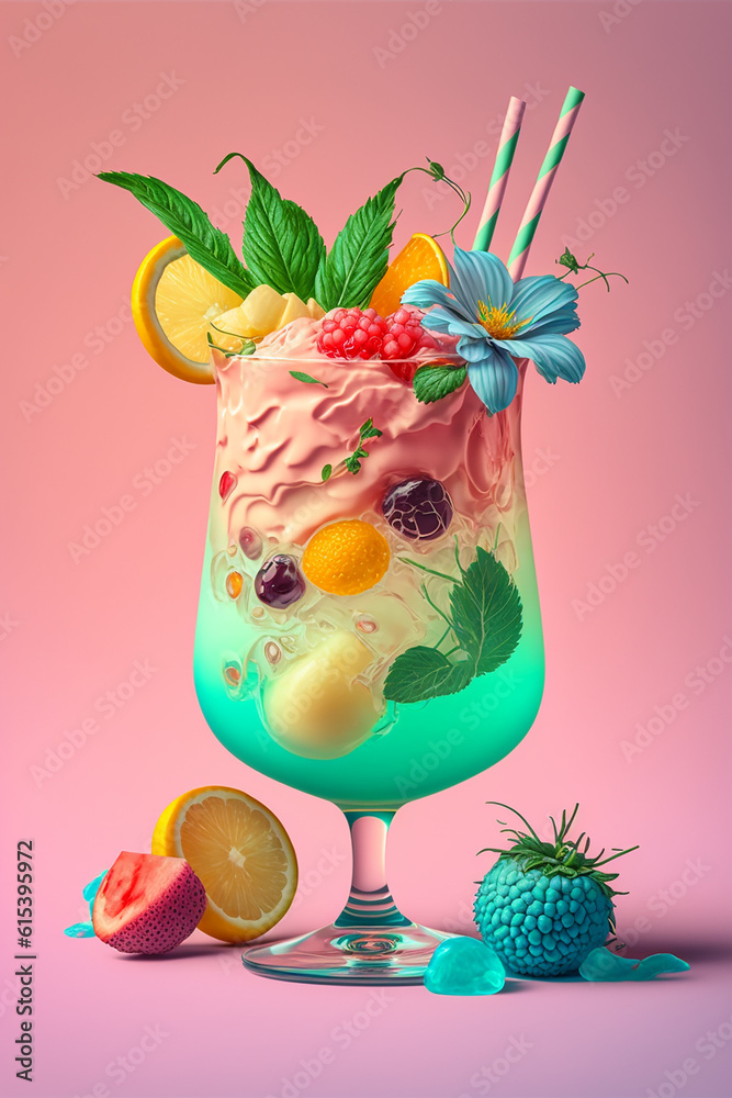 Summer fresh drink in glass in vivid pastel colors