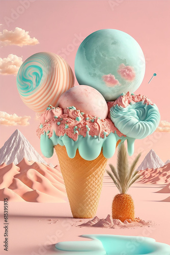Summer pastel colors, tasty ice cream in cone