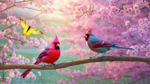 Two charming birds standing on cherry blossom tree branch together. Generative AI