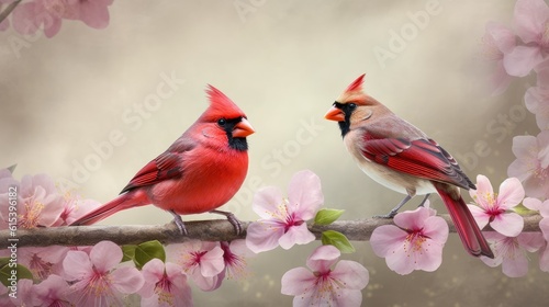 Two charming birds standing on cherry blossom tree branch together. Generative AI