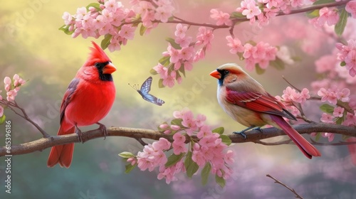 Two charming birds standing on cherry blossom tree branch together. Generative AI