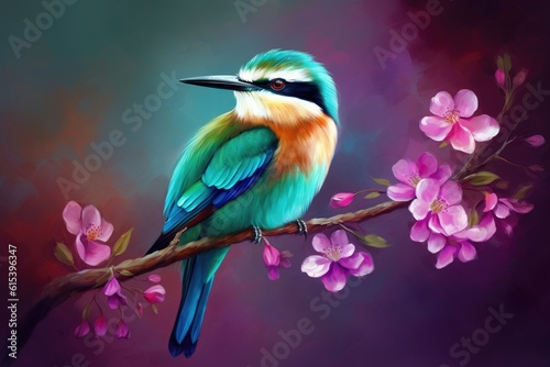 Beautiful small bird perched on a branch with pink flowers. Generative AI © Gelpi