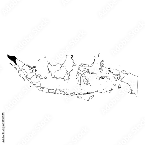 Vector map of the province of Aceh highlighted highlighted in black on the map of Indonesia.