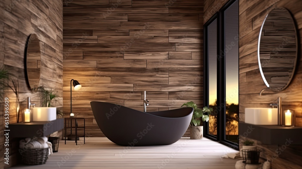 Interior of modern bathroom with wooden walls, wooden floor, comfortable black bathtub standing on wooden countertop