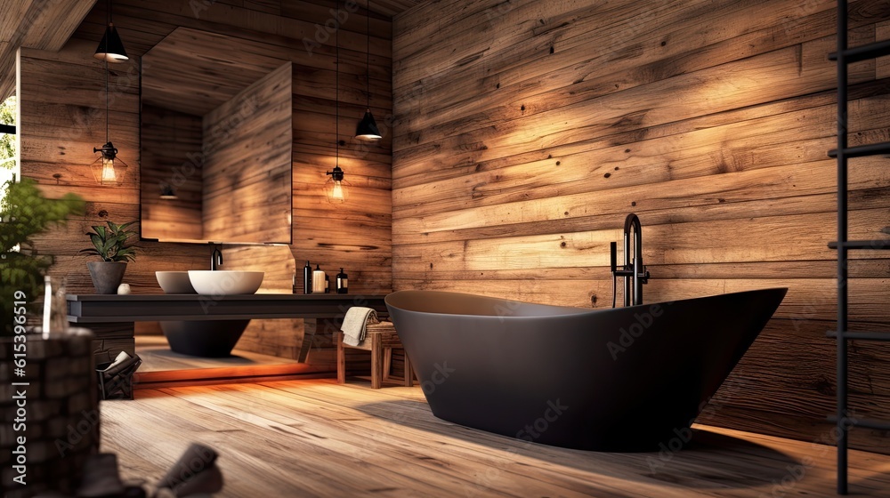 Interior of modern bathroom with wooden walls, wooden floor, comfortable black bathtub standing on wooden countertop Interior of modern bathroom with wooden walls, wooden floor, comfortable black bathtub standing on wooden countertop
