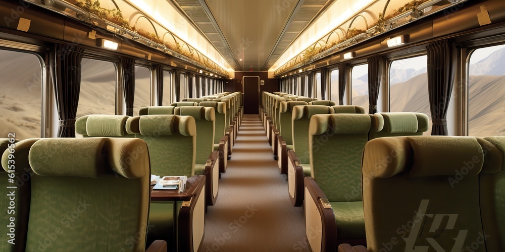 AI Generated. AI Generative. Vintage retro antique train travel inside cabine. Comfort elegant luxury adventure vacation railway style. Graphic Art
