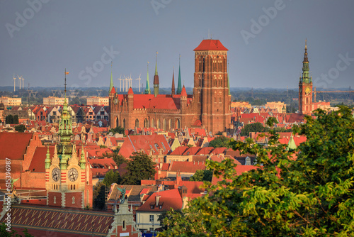 Beautiful cityscape of Gdansk with St. Mary Basilica and City Hall, Poland.