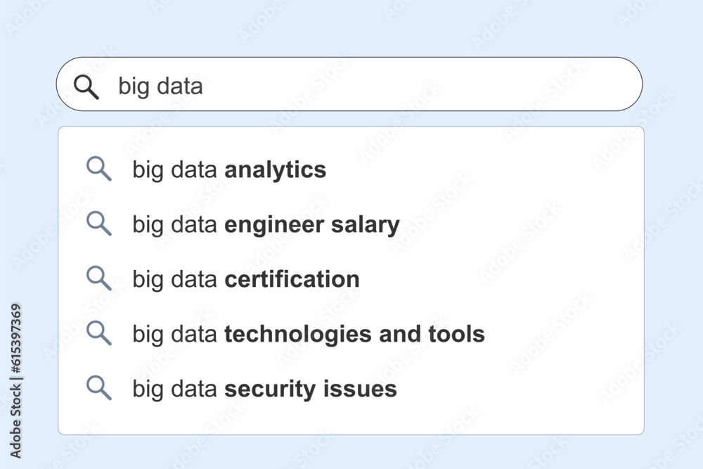 Big data IT topics search results. Technology subject internet search. - obrazy, fototapety, plakaty 