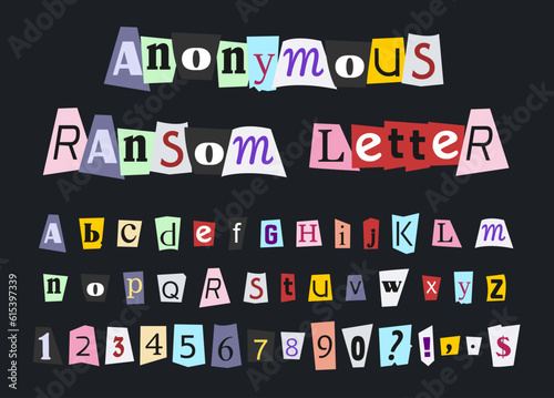 Anonymous ransom newspaper letters font. Criminal paper letter cutouts.