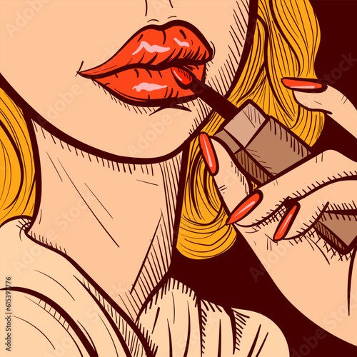 Illustration of a blonde woman's hand applying lipstick on her lips. Closeup vector of a girl putting on lip gloss.