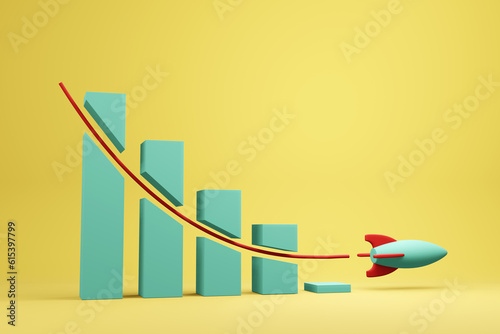 Slika na platnu Toy rocket flying through a business bar chart in downward direction