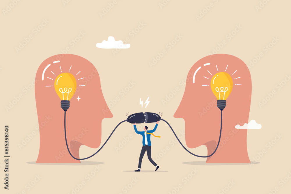 Communication for success, connect idea or understanding, agreement or solving problem together, cooperation or collaboration concept, businessman connect to bright up lightbulb idea on human head. Communication for success, connect idea or understanding, agreement or solving problem together, cooperation or collaboration concept, businessman connect to bright up lightbulb idea on human head.