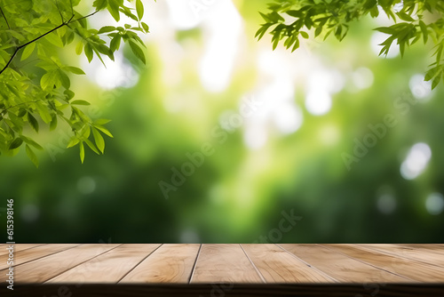 Empty wood table top and blurred green tree in the park garden background