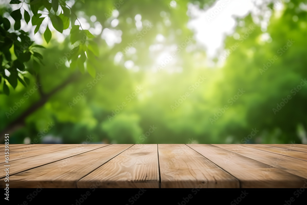Empty wood table top and blurred green tree in the park garden background