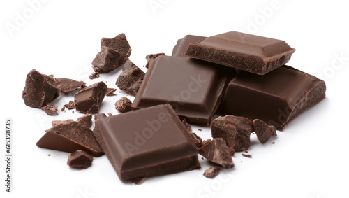 Pieces of delicious dark chocolate bar on white background