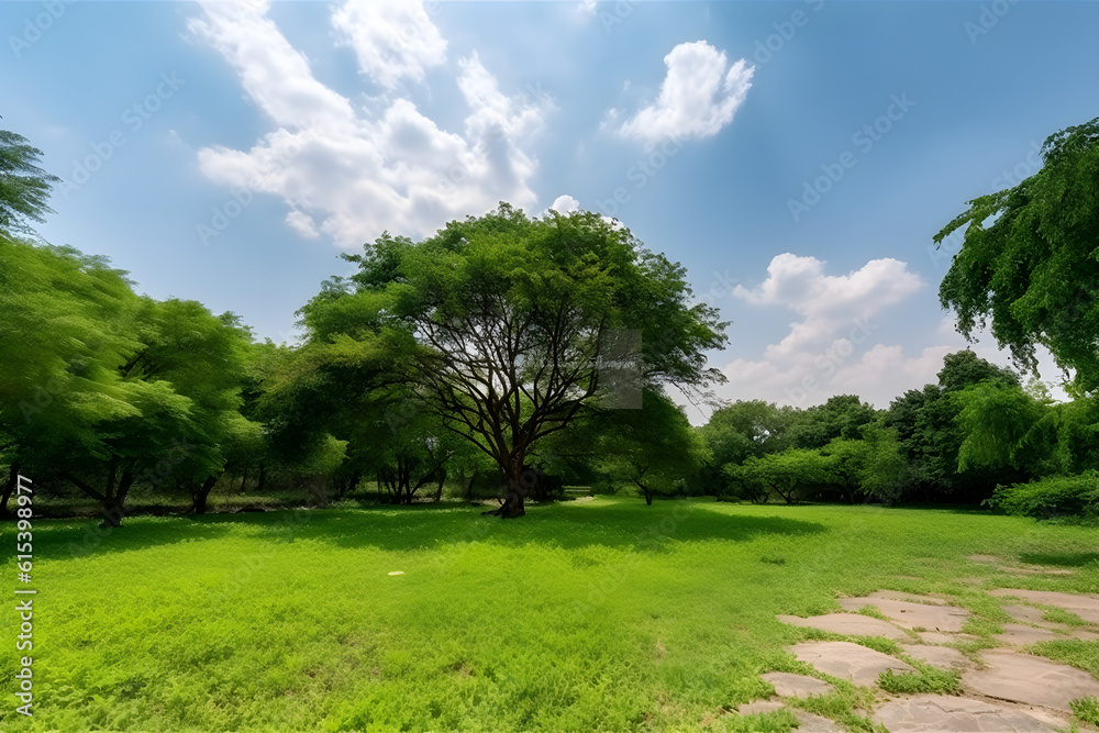 Green tree in a beautiful park garden under blue sky Green tree in a beautiful park garden under blue sky