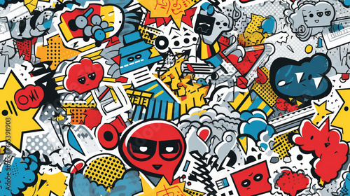 Seamless pattern background inspired by the playful and whimsical world of pop art including primary colors red blue and yellow
