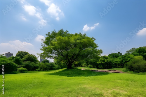 Green tree in a beautiful park garden under blue sky