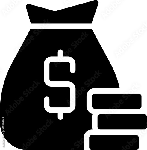 Loan black glyph icon. Bag of money. Banking and finance. Financial operations for business. Savings and investment. Silhouette symbol on white space. Solid pictogram. Vector isolated illustration