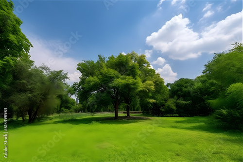 Green tree in a beautiful park garden under blue sky