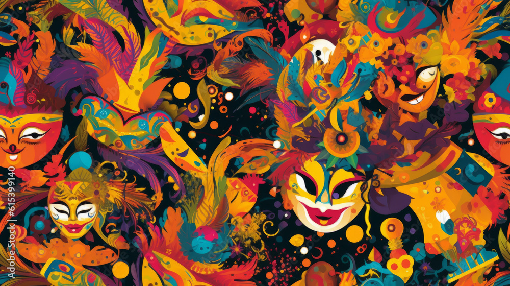 Seamless pattern background inspired by the vibrant and lively aesthetics of carnival celebrations with masks confetti and festivity