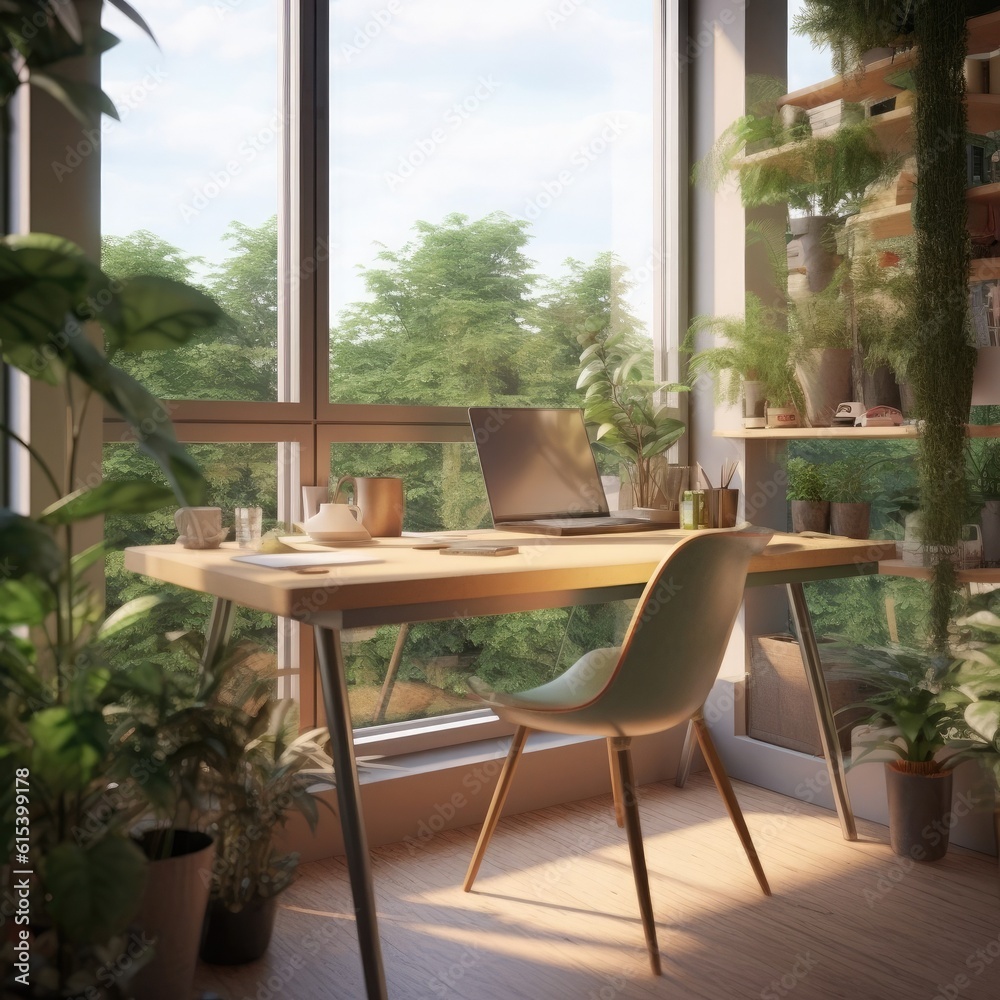 Obraz premium image of a modern student's room with large windows, lots of greenery,modern appliances,generative ai