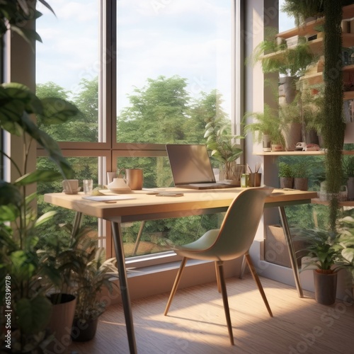 image of a modern student's room with large windows, lots of greenery,modern appliances,generative ai