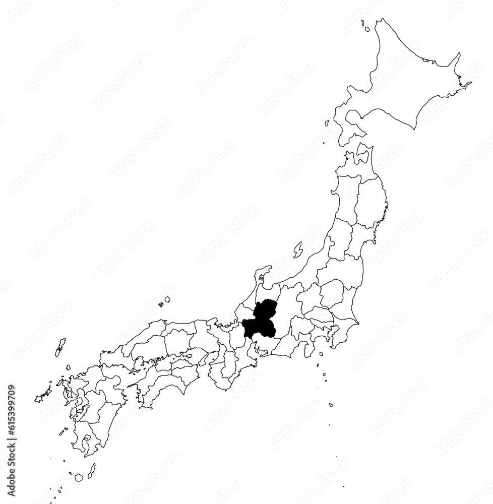 Vector map of the prefecture of Gifu highlighted highlighted in black on the map of Japan.