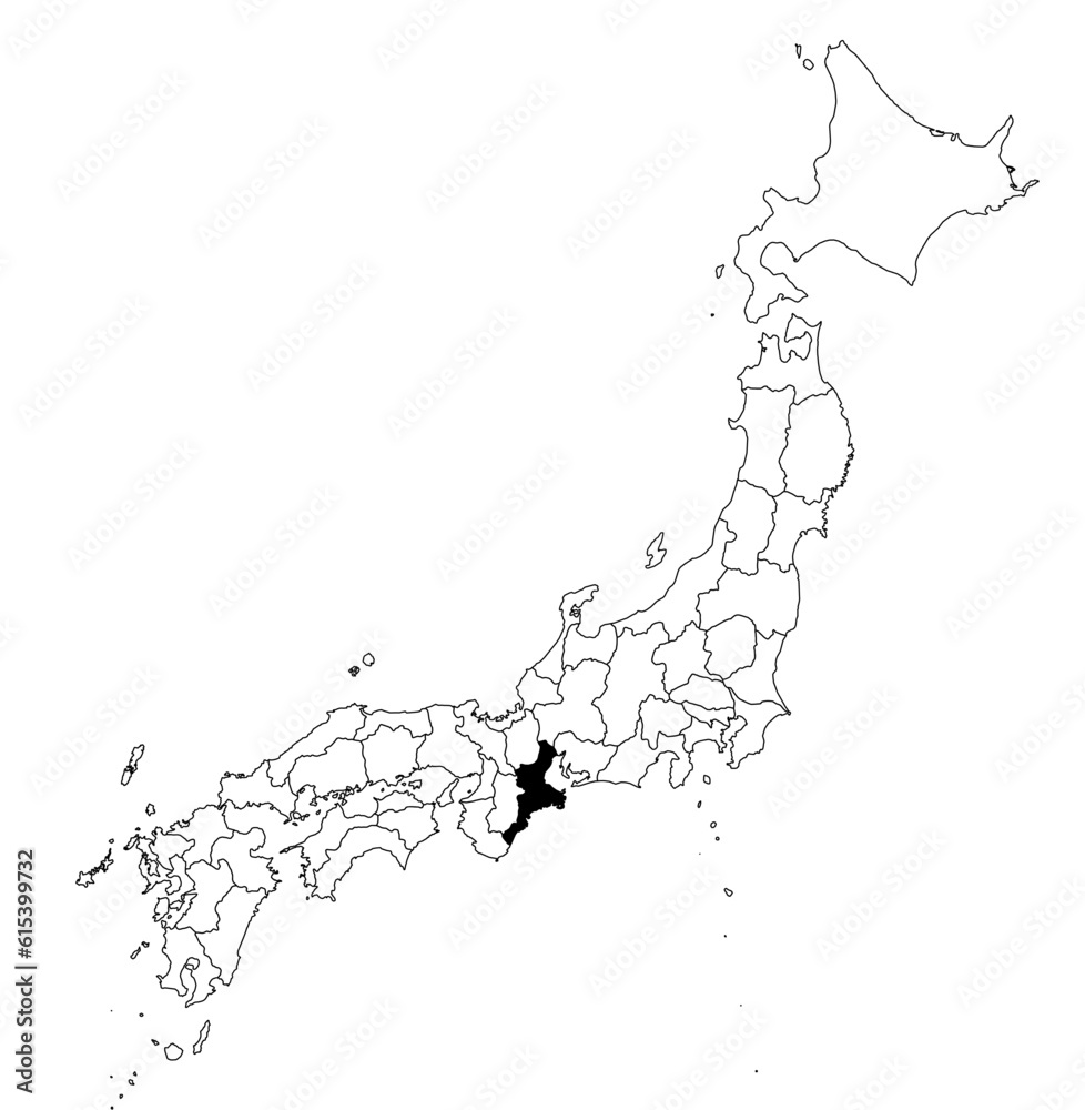 Vector map of the prefecture of Mie highlighted highlighted in black on the map of Japan.