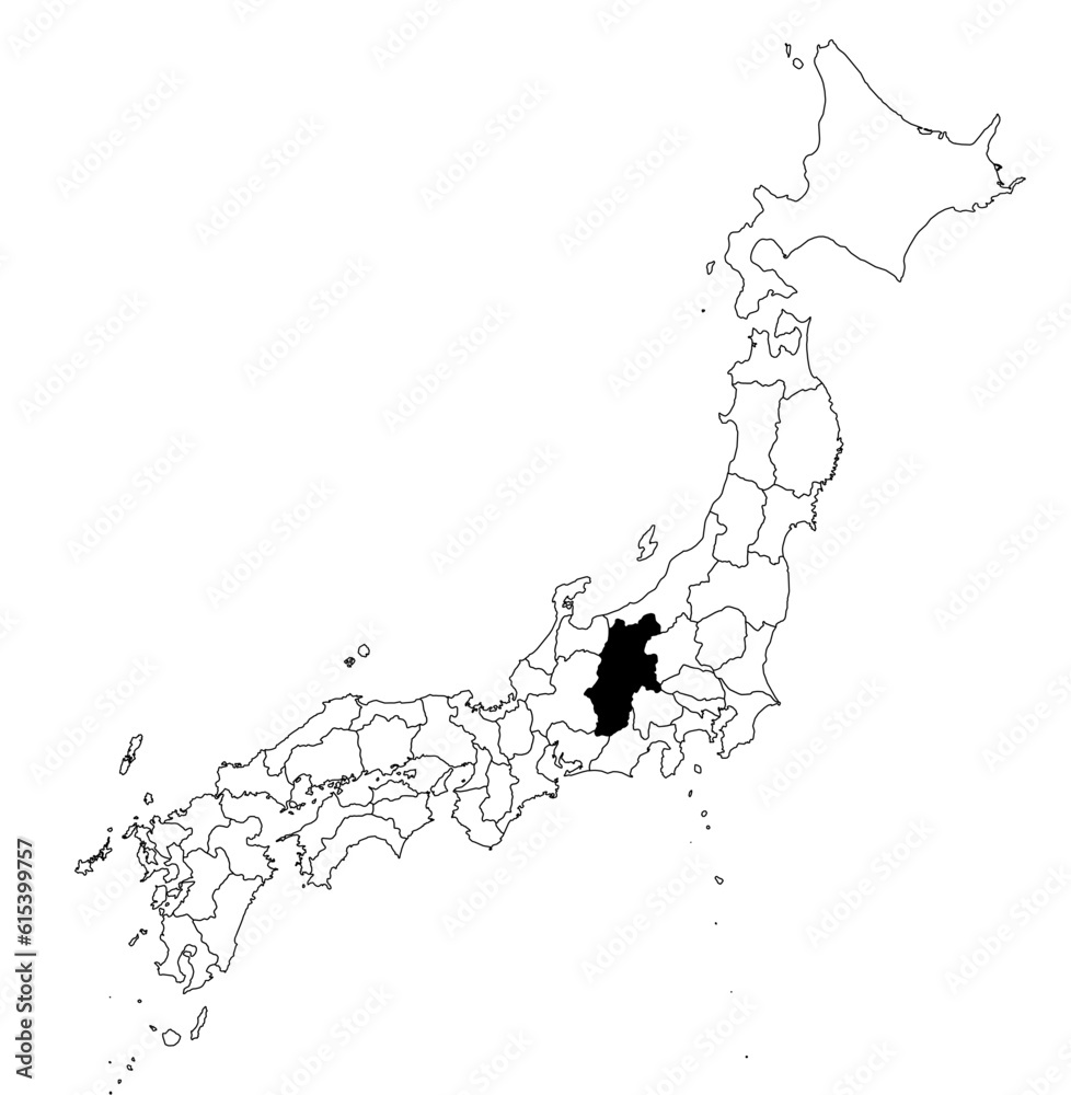 Vector map of the prefecture of Nagano highlighted highlighted in black on the map of Japan.
