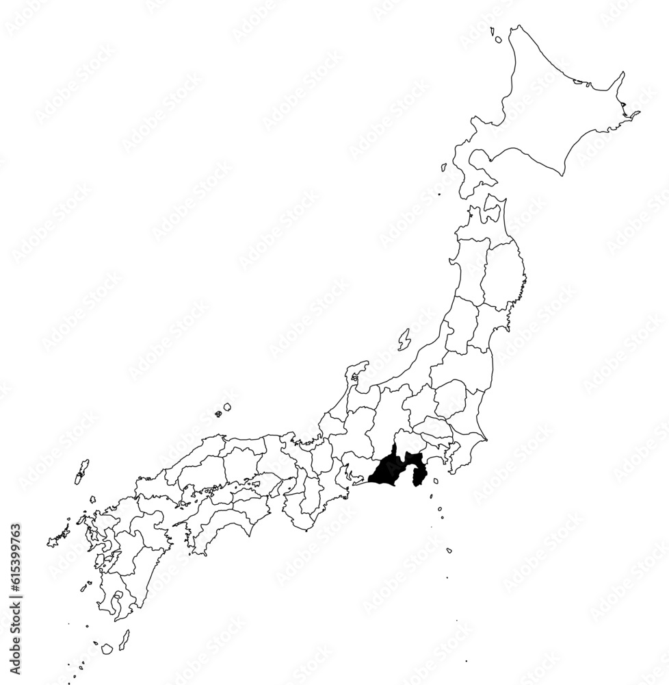 Vector map of the prefecture of Shizuoka highlighted highlighted in black on the map of Japan. Vector map of the prefecture of Shizuoka highlighted highlighted in black on the map of Japan.
