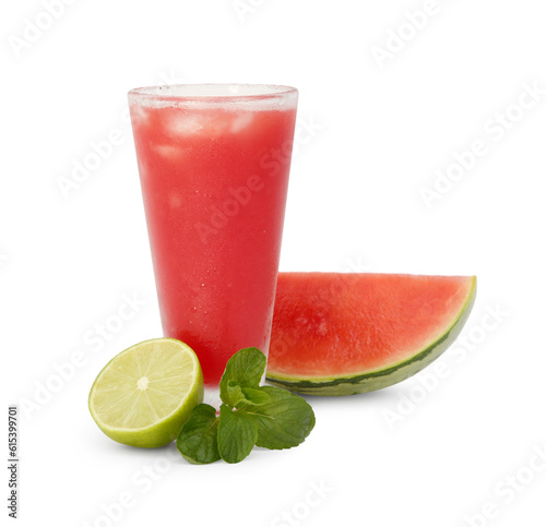 Glass of delicious watermelon drink, mint and cut fresh fruits isolated on white